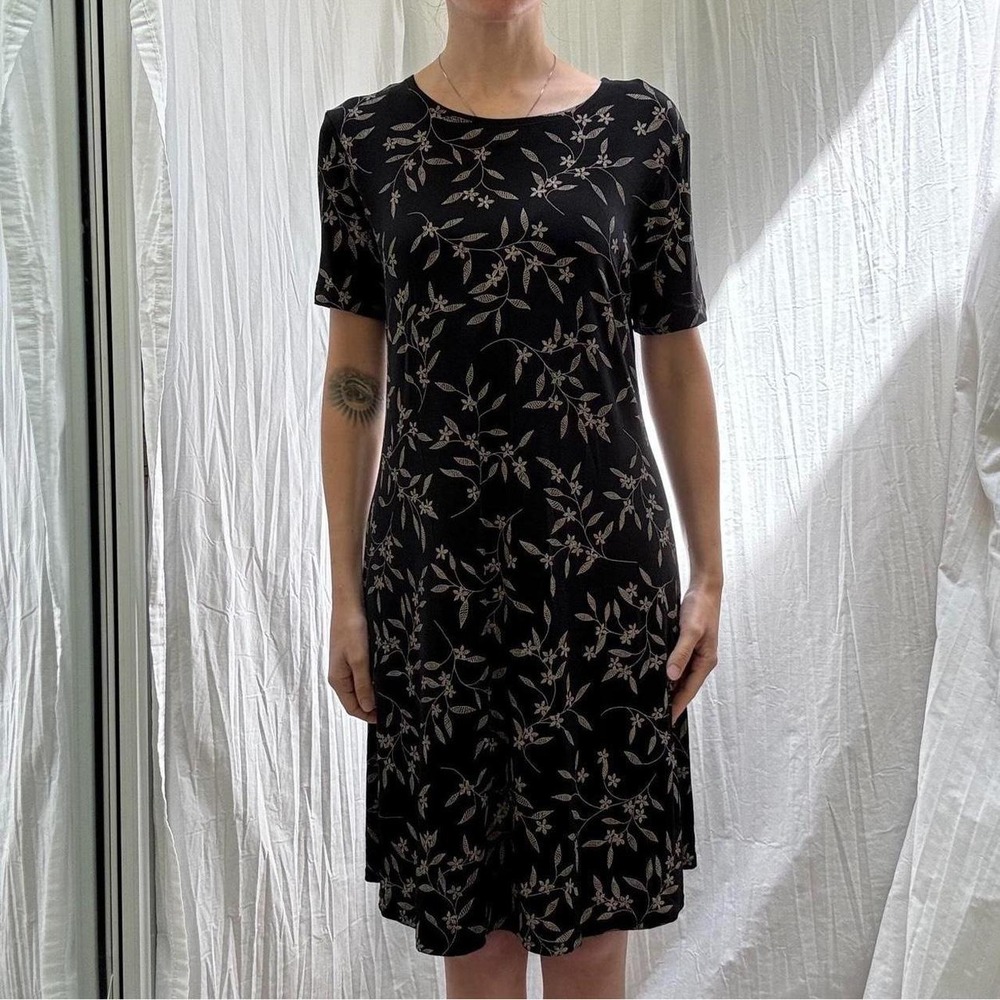 Black and Gold Floral Slinky Midi Dress Vintage 90s Teddi Medium Flattering Goth